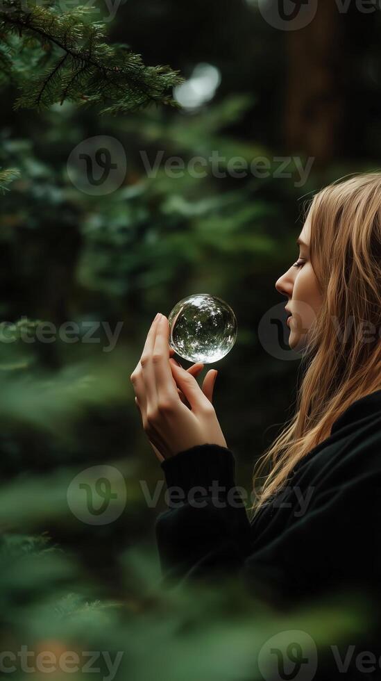 Woman holds crystal ball in serene forest setting, contemplating nature and reflections during tranquil moment photo