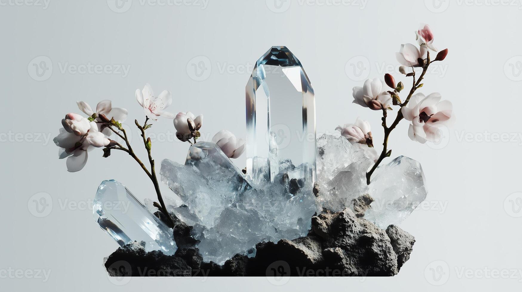 Crystal arrangement with delicate flowers on a neutral background showcasing natural beauty and elegance photo