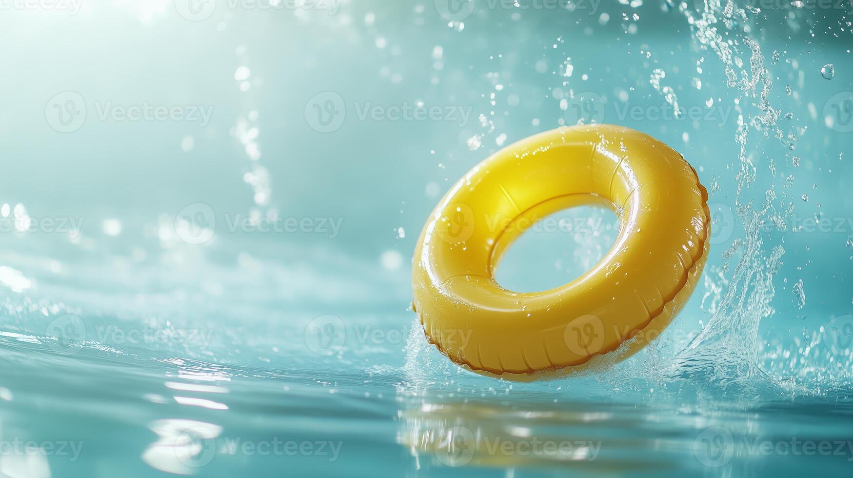 Bright yellow inner tube splashes water in a sunny pool setting during summer fun photo