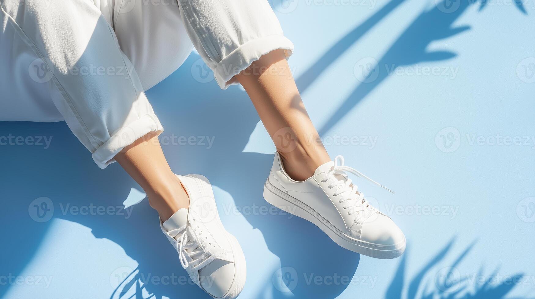 White sneakers on bare legs resting on a light blue surface with shadow patterns created by plants photo