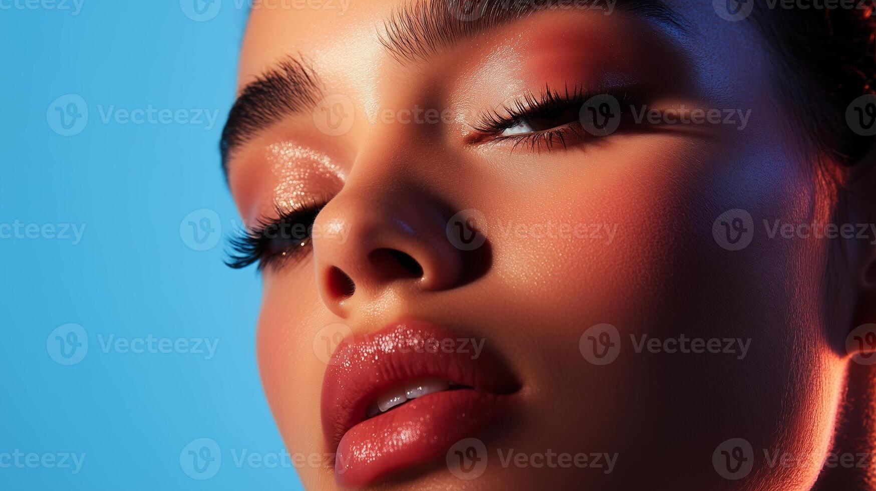 Stunning beauty portrait showcasing vibrant makeup and soft lighting effects in a creative studio setting photo
