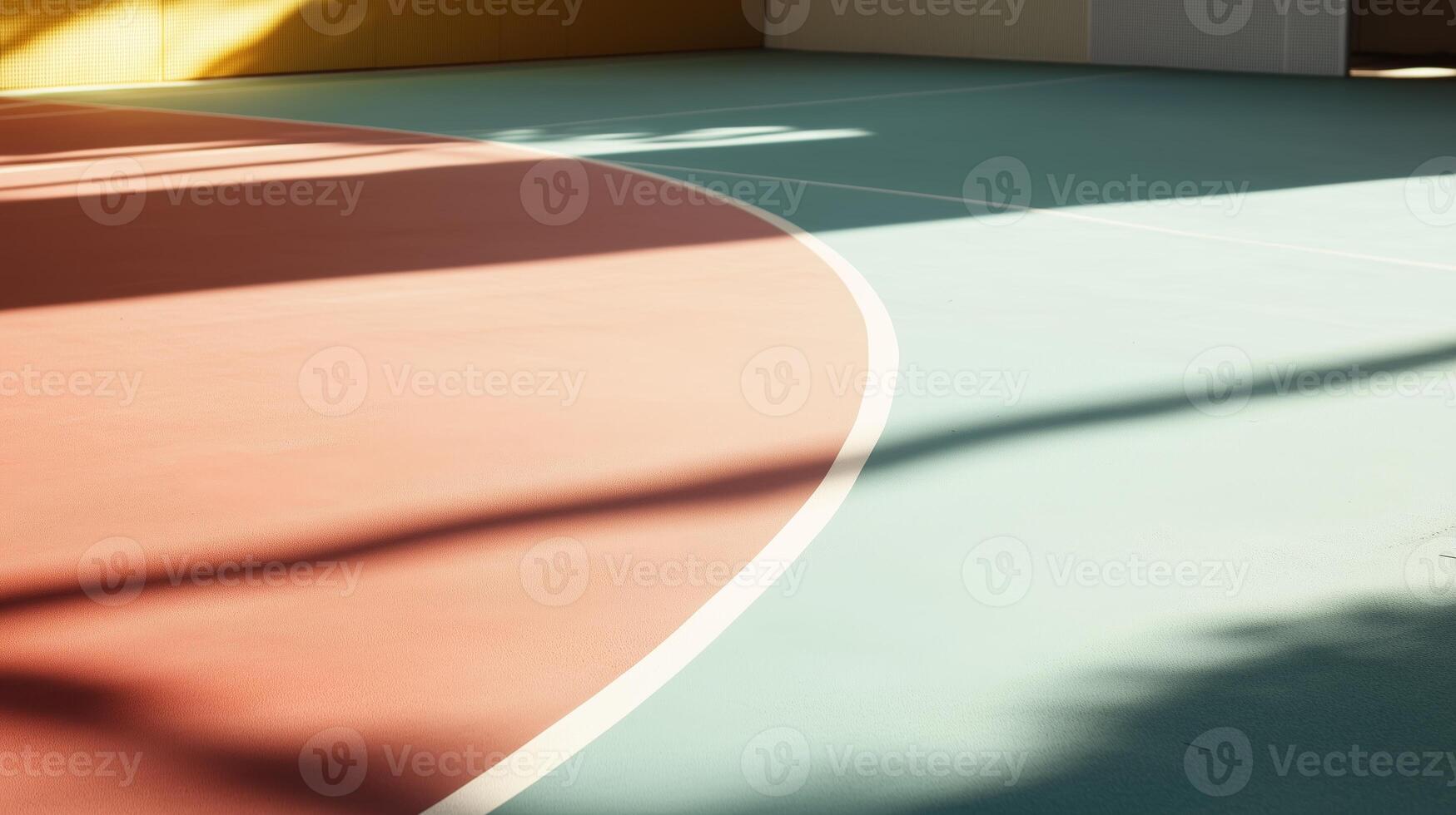 Vibrant basketball court during late afternoon with shadows and colorful markings from a sunny day photo