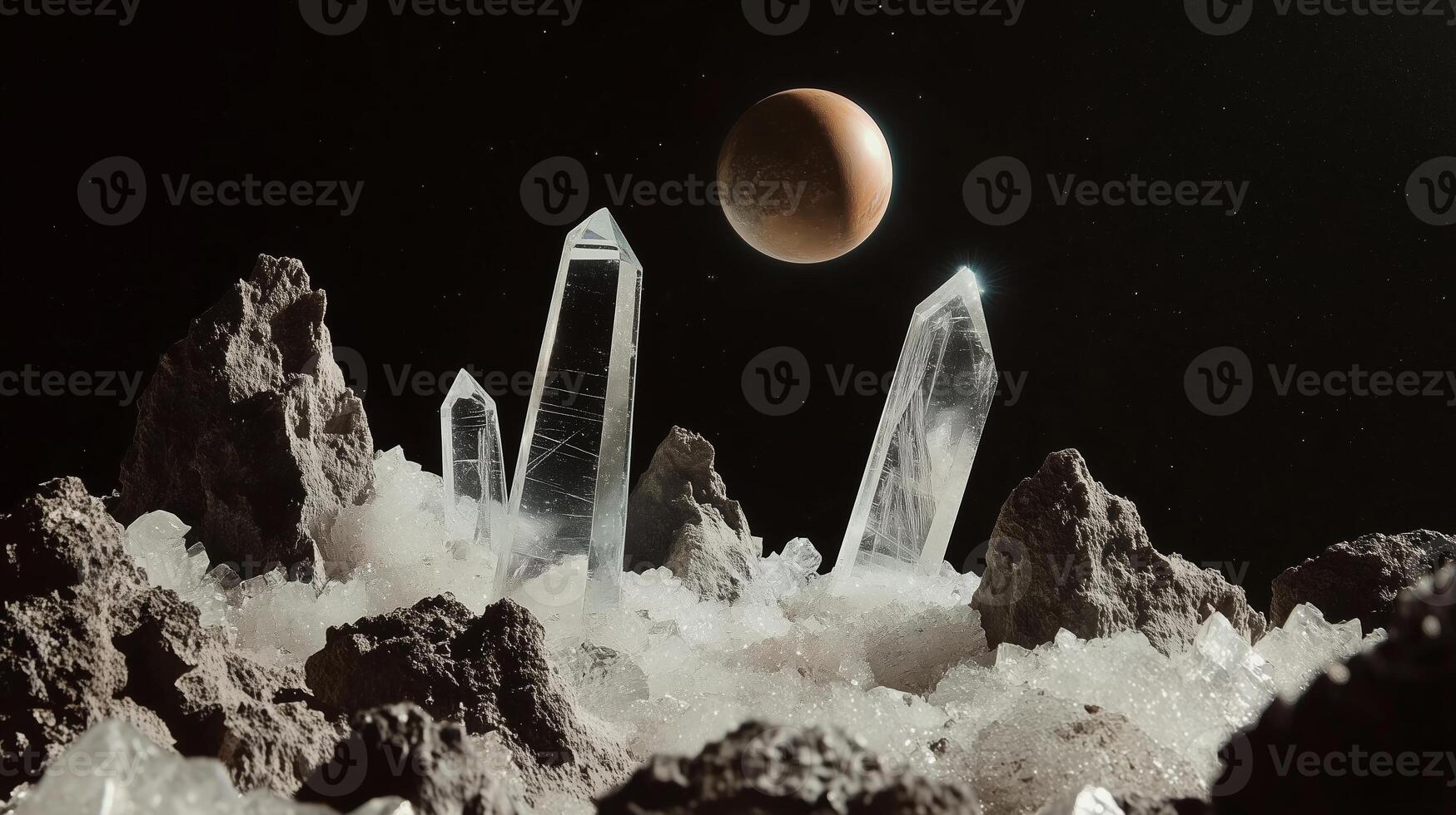 Crystalline formations illuminated by moonlight create a mystical landscape on a distant celestial body photo