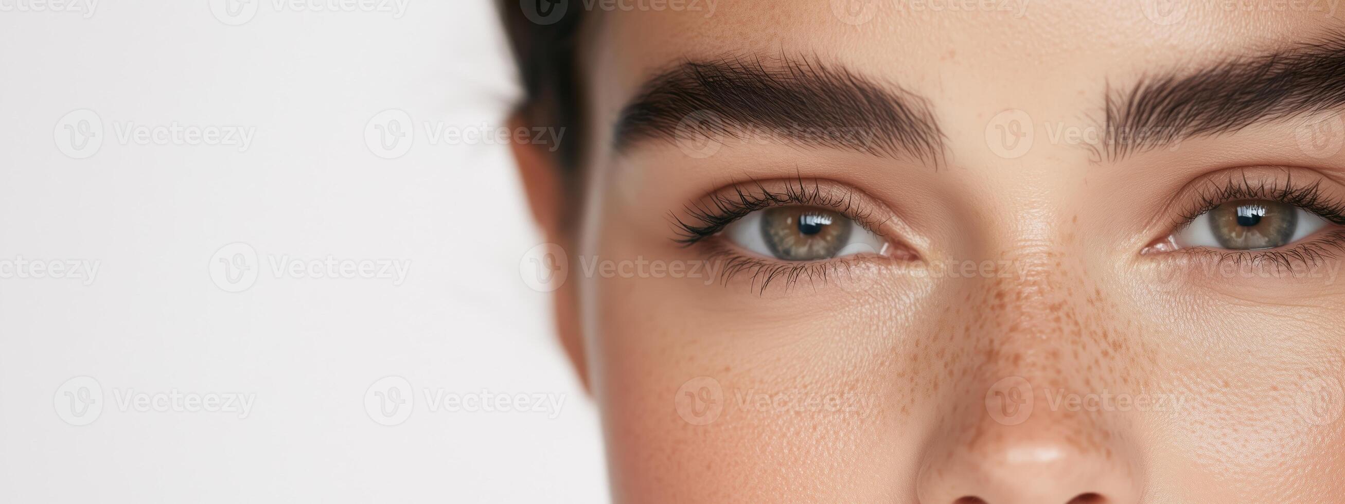 Close-up view of a person with striking eyes and natural makeup highlighting beauty features in a bright, neutral setting photo