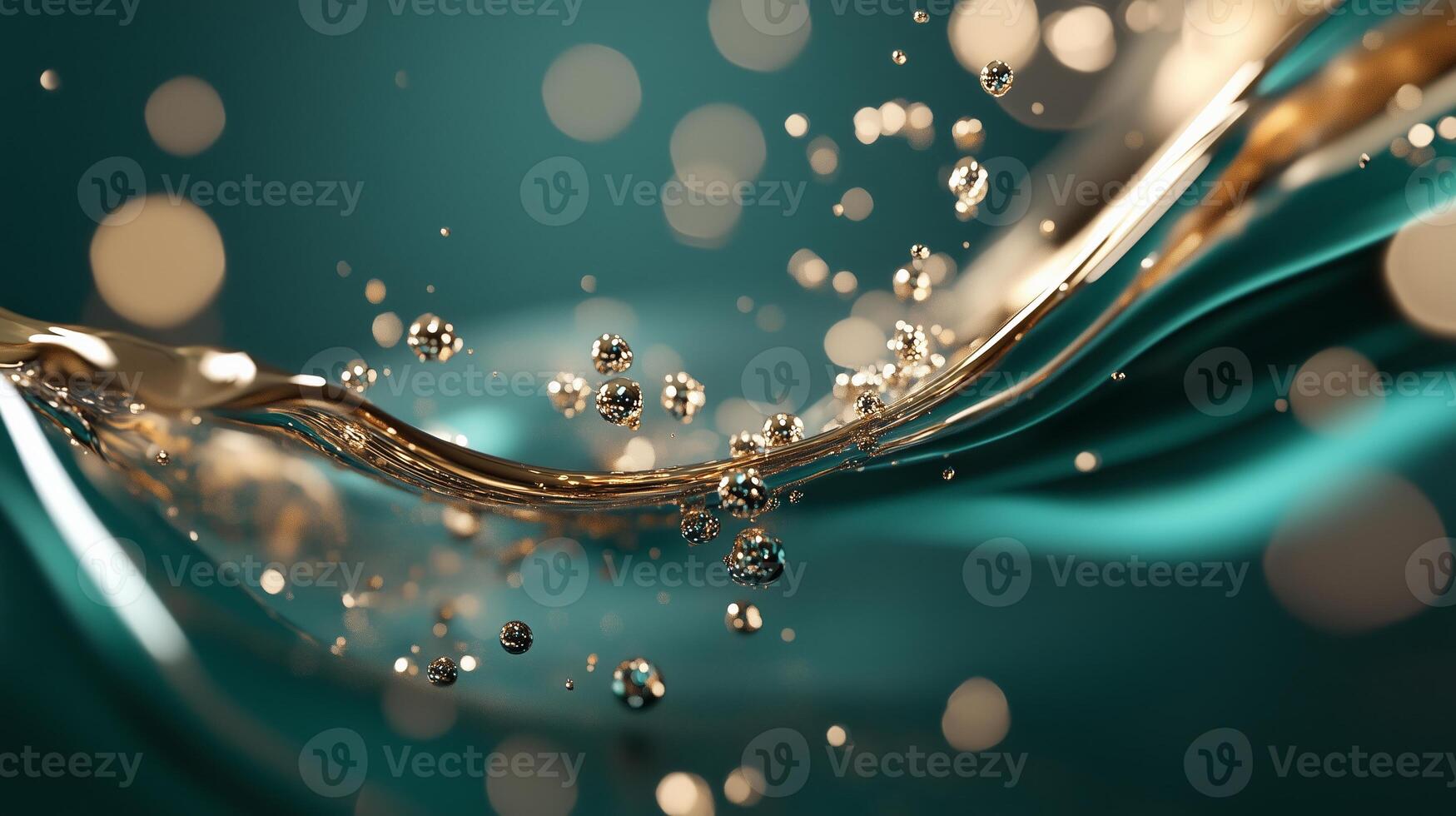 Dynamic movement of golden liquid with bubbles against a teal background showcases elegance and fluidity photo