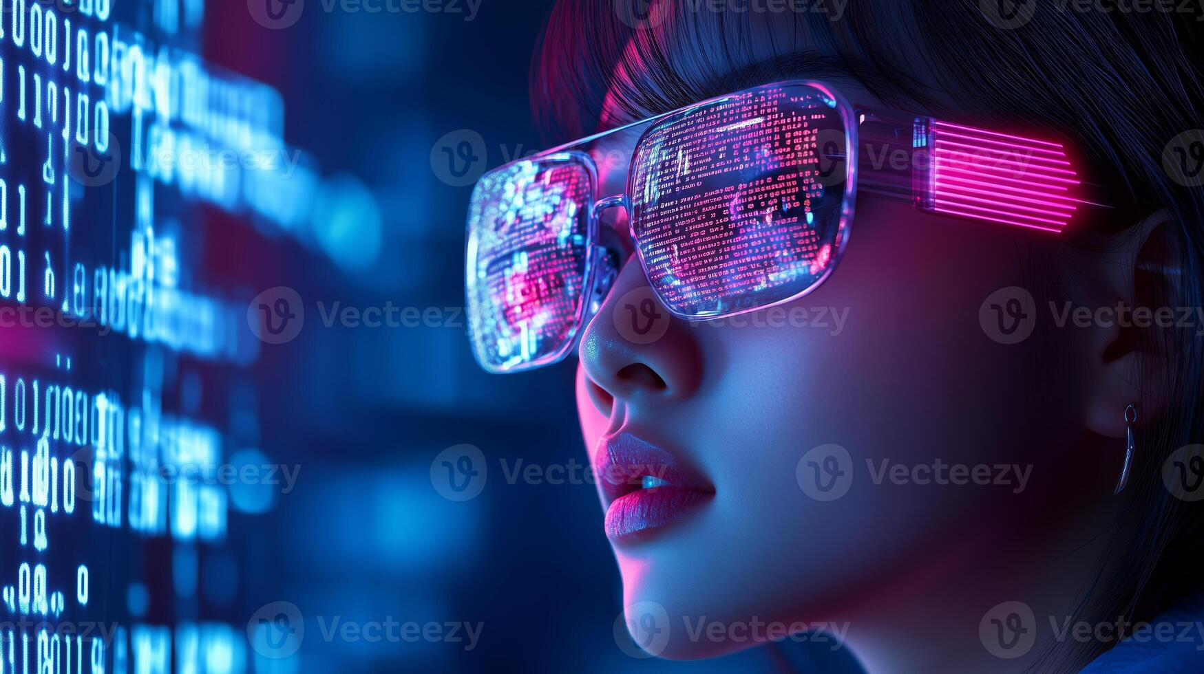 Young woman wearing futuristic glasses immersed in vibrant digital world with glowing binary code on display photo