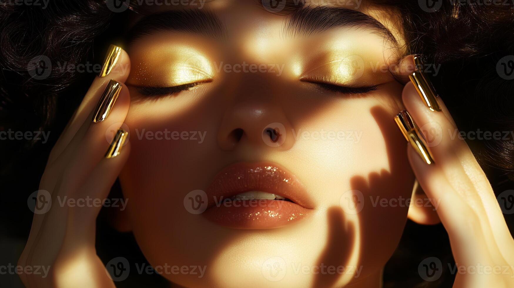 Captivating portrait of a woman with golden highlights illuminated by soft shadows during a serene moment of reflection photo