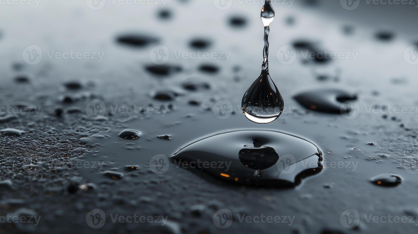Water droplets fall on a dark surface creating ripples in a serene setting during the day photo