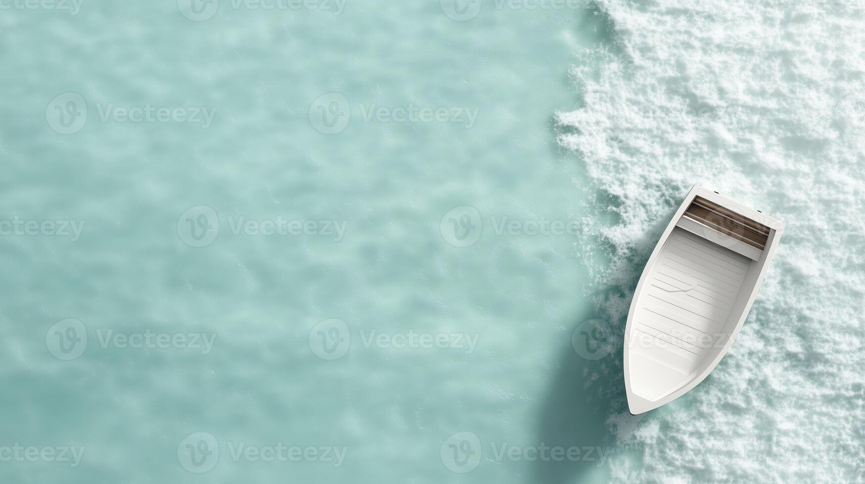 Boat floating on tranquil turquoise waters, creating gentle ripples in sunlight photo