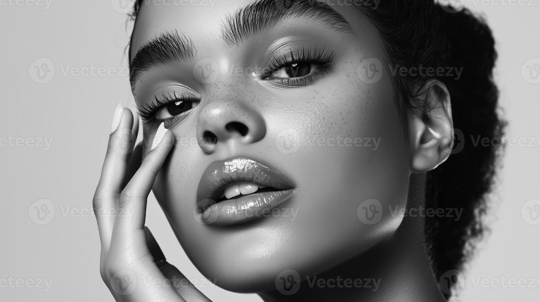 Model poses gracefully while showcasing a stunning beauty look with flawless skin and defined features in black and white photo