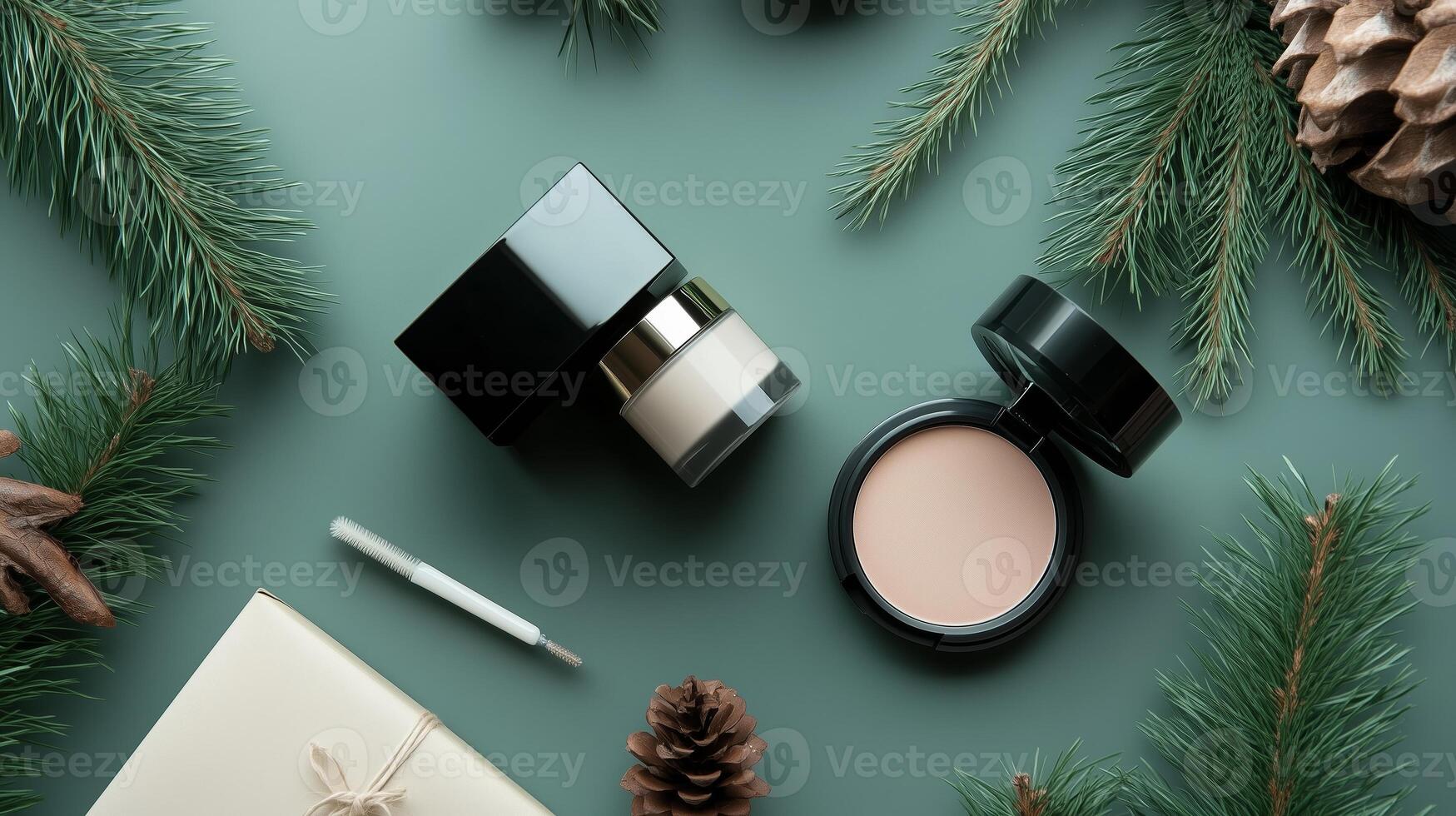 Cosmetic products arranged with pine branches and cones for a festive look photo