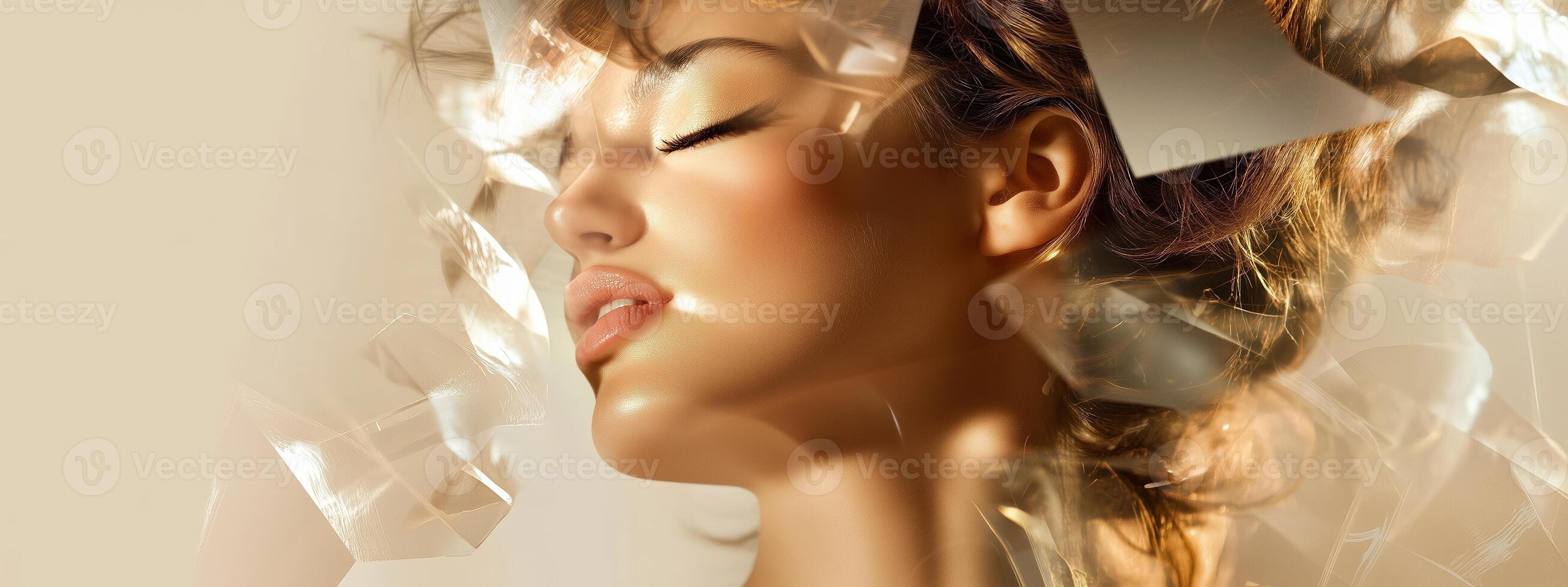 Beauty emanates from a woman's serene expression surrounded by shards of glass in soft lighting photo