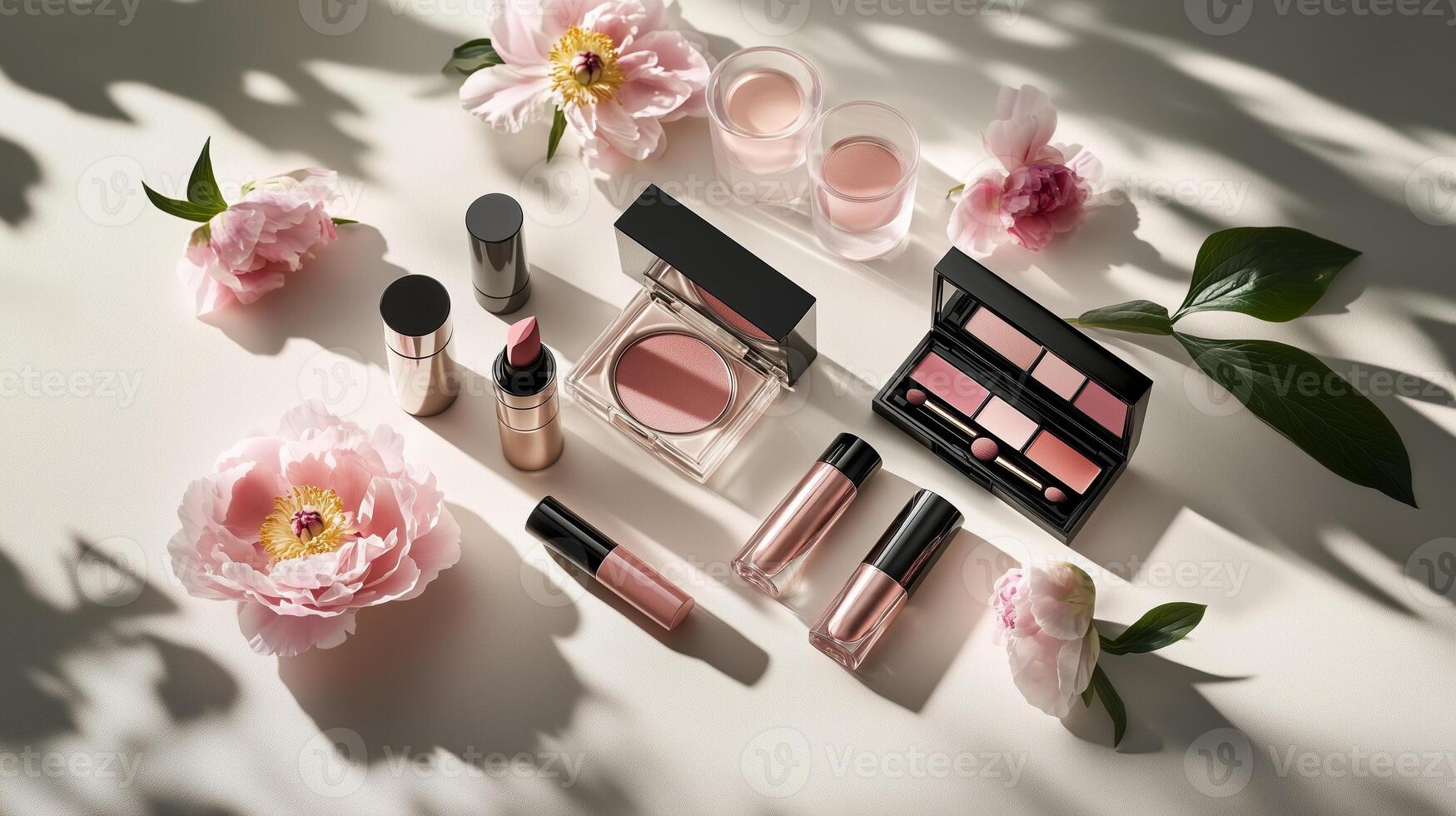 Various cosmetics arranged with blooming peonies on a serene surface during soft daylight photo