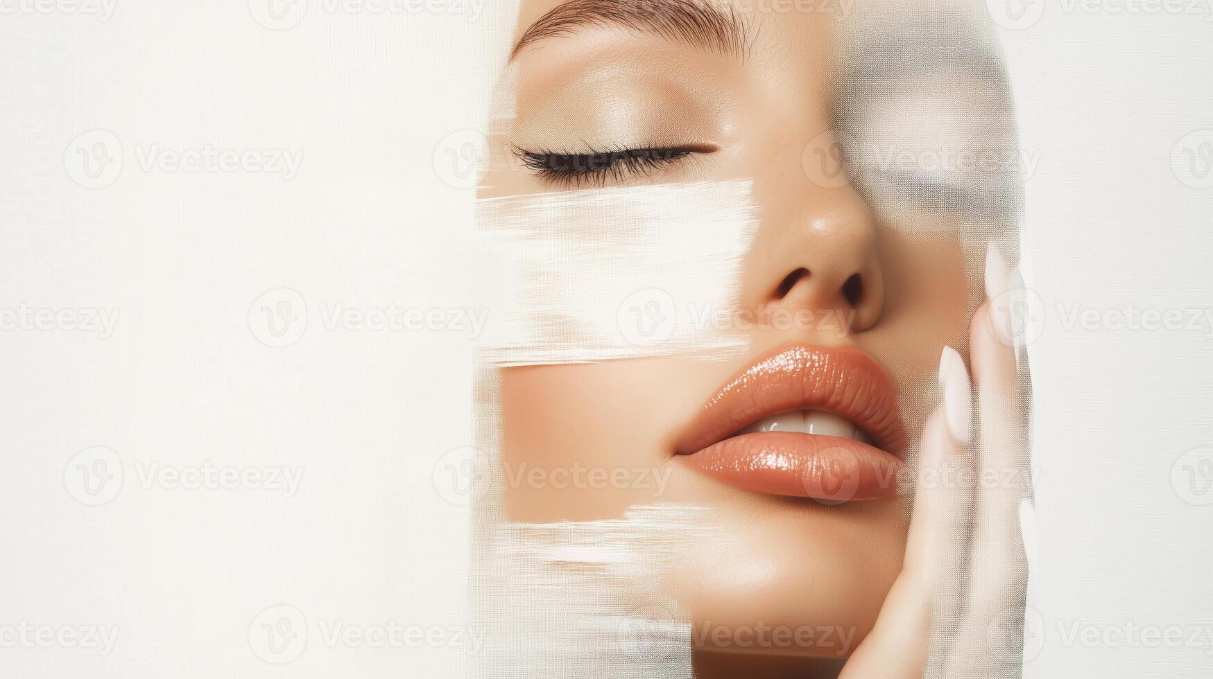 Model showcasing beauty trends with soft light highlighting makeup details in a minimalistic setup during a studio shoot photo