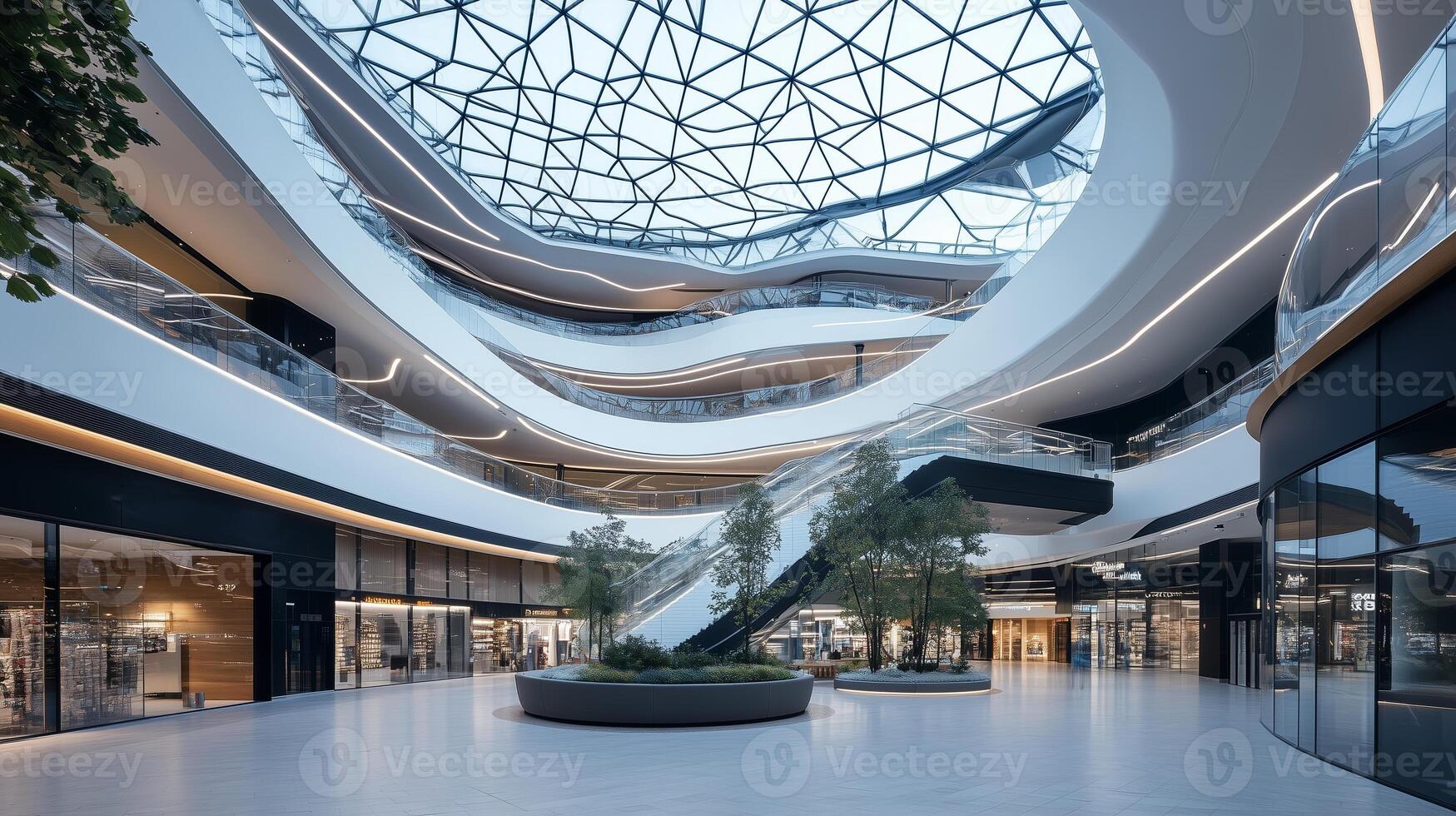 Modern architectural design showcases a spacious shopping center with unique interior elements and ample natural light photo