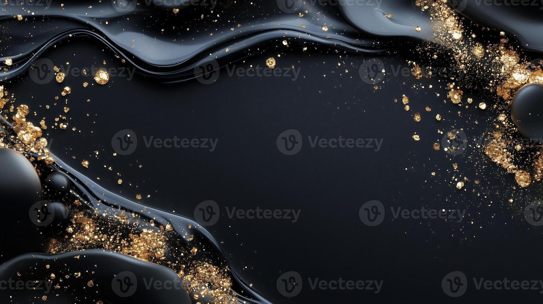 Elegant black background with golden glitter elements creating a sophisticated and artistic display of texture and shine photo