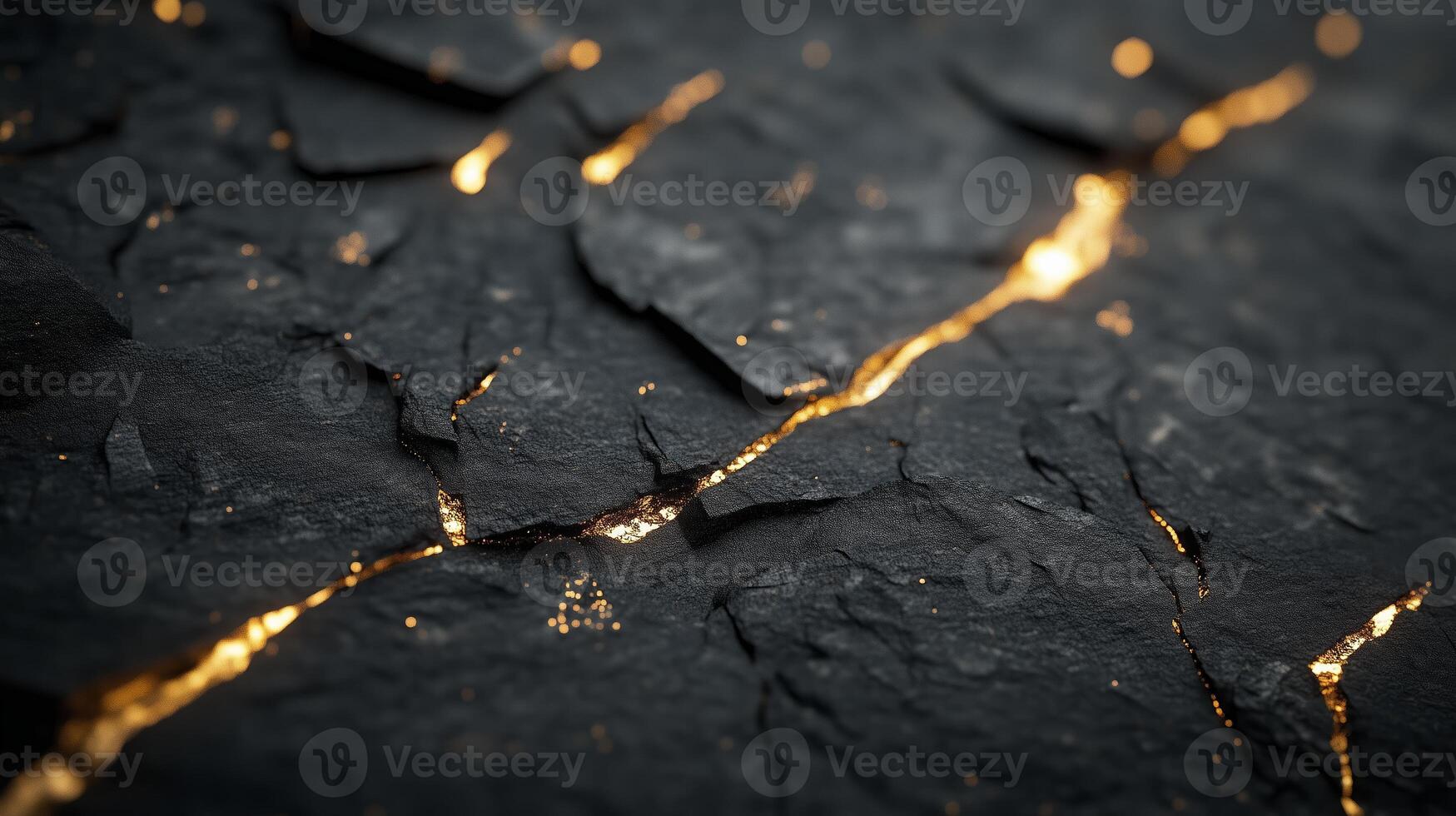Abstract black texture with golden cracks highlighting the intricate patterns of natural formations in a dark environment photo