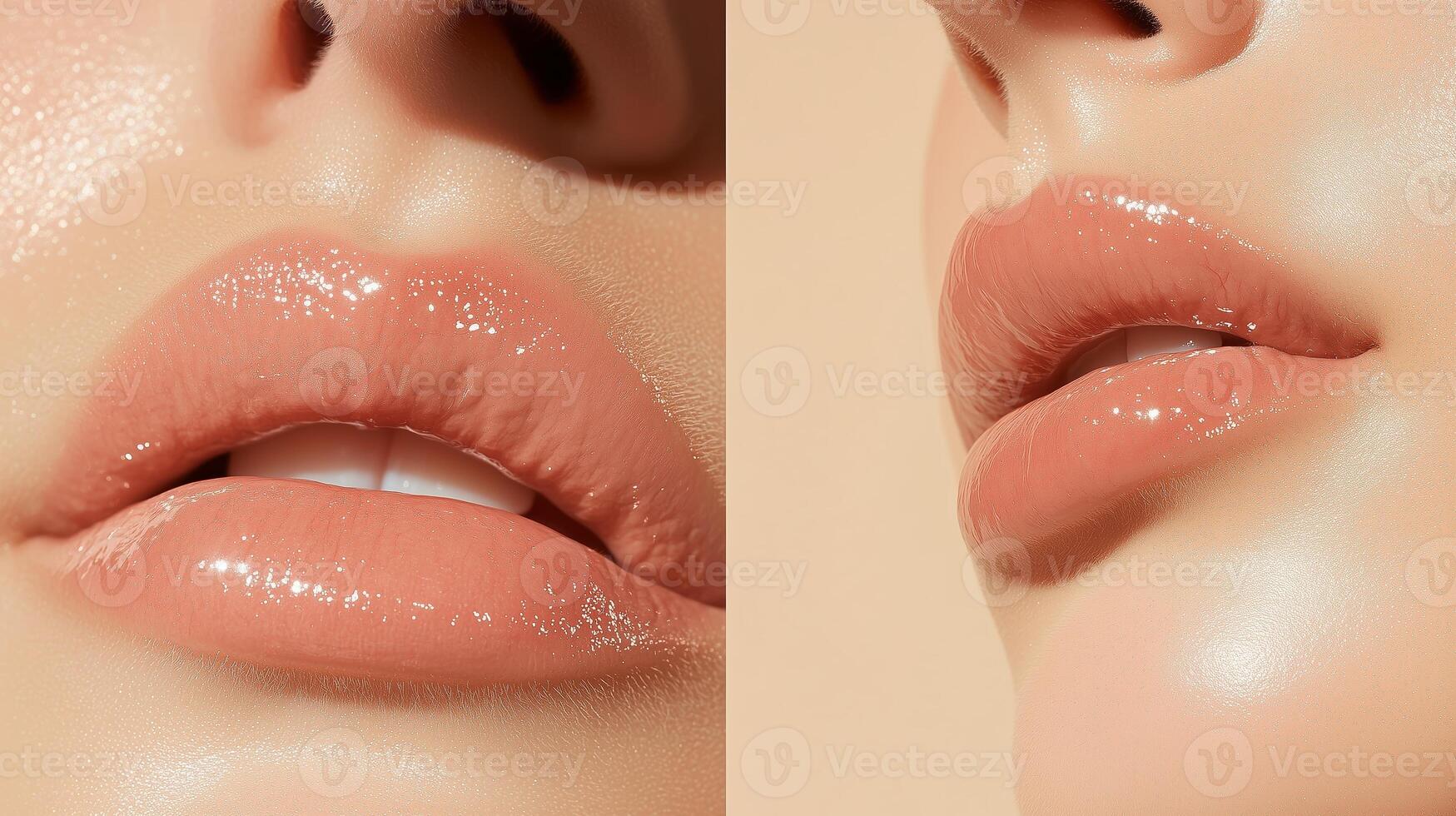 Close-up of glossy lips showcasing a natural nude lip color and smooth texture in soft lighting photo