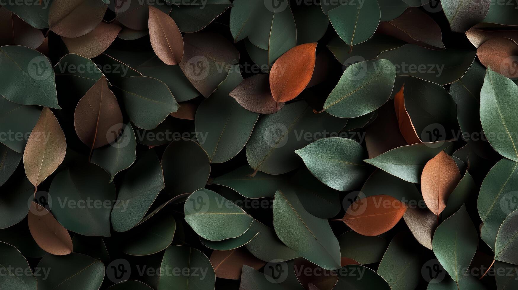 Close-up view of green and brown leaves creating a textured natural pattern on the ground during autumn photo