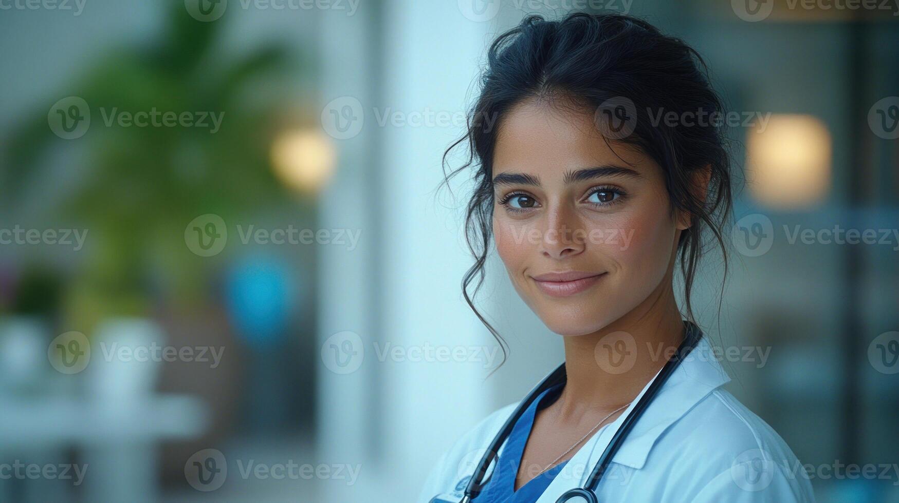 Female medical professional smiles in a bright healthcare setting with plants and soft lights photo