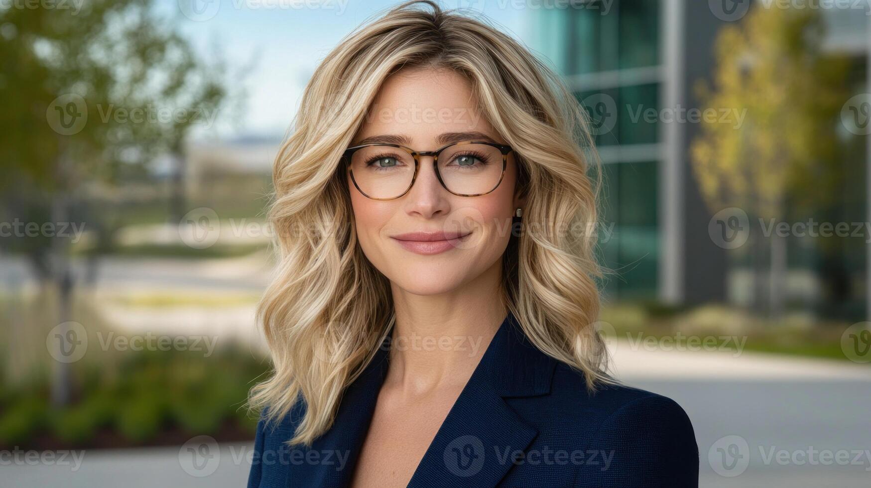 Confident woman smiles while standing outside a contemporary office building on a clear day photo