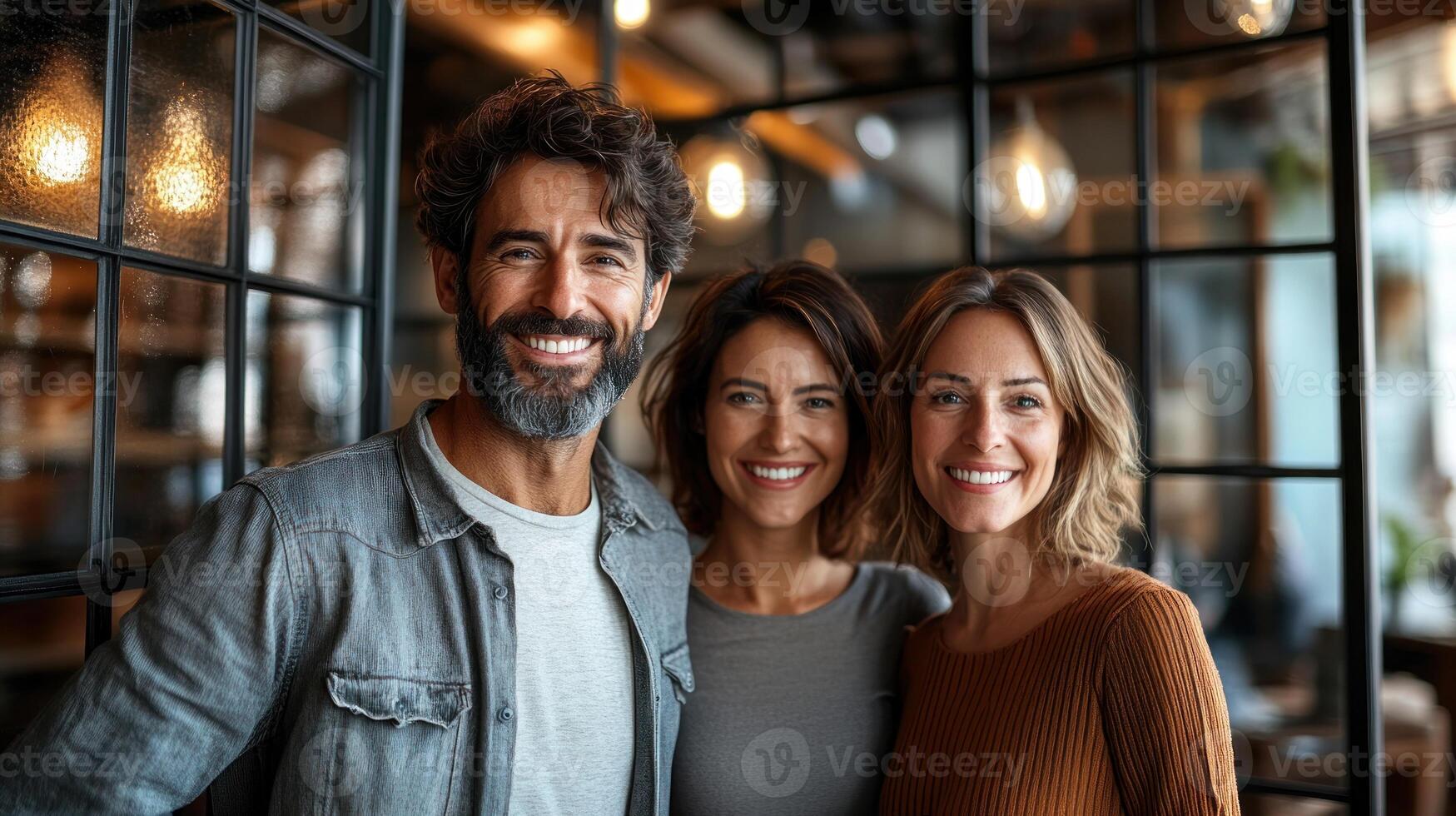 Three friends smile in a cafe with warm lights and modern decor, creating a lively vibe photo