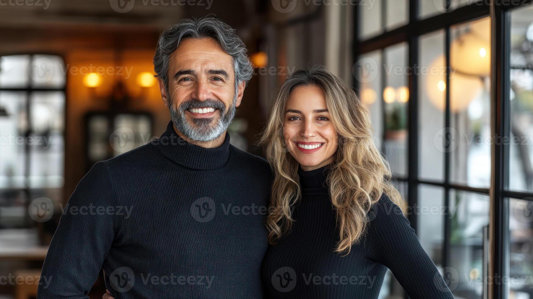 A couple stands closely together, smiling warmly in a stylish cafe filled with natural light photo