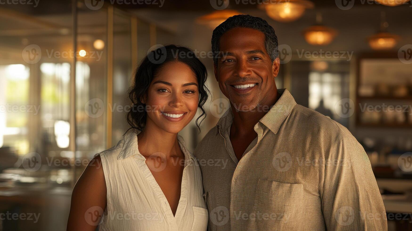 Two happy individuals pose closely, enjoying each others company in a cozy, inviting cafe setting photo