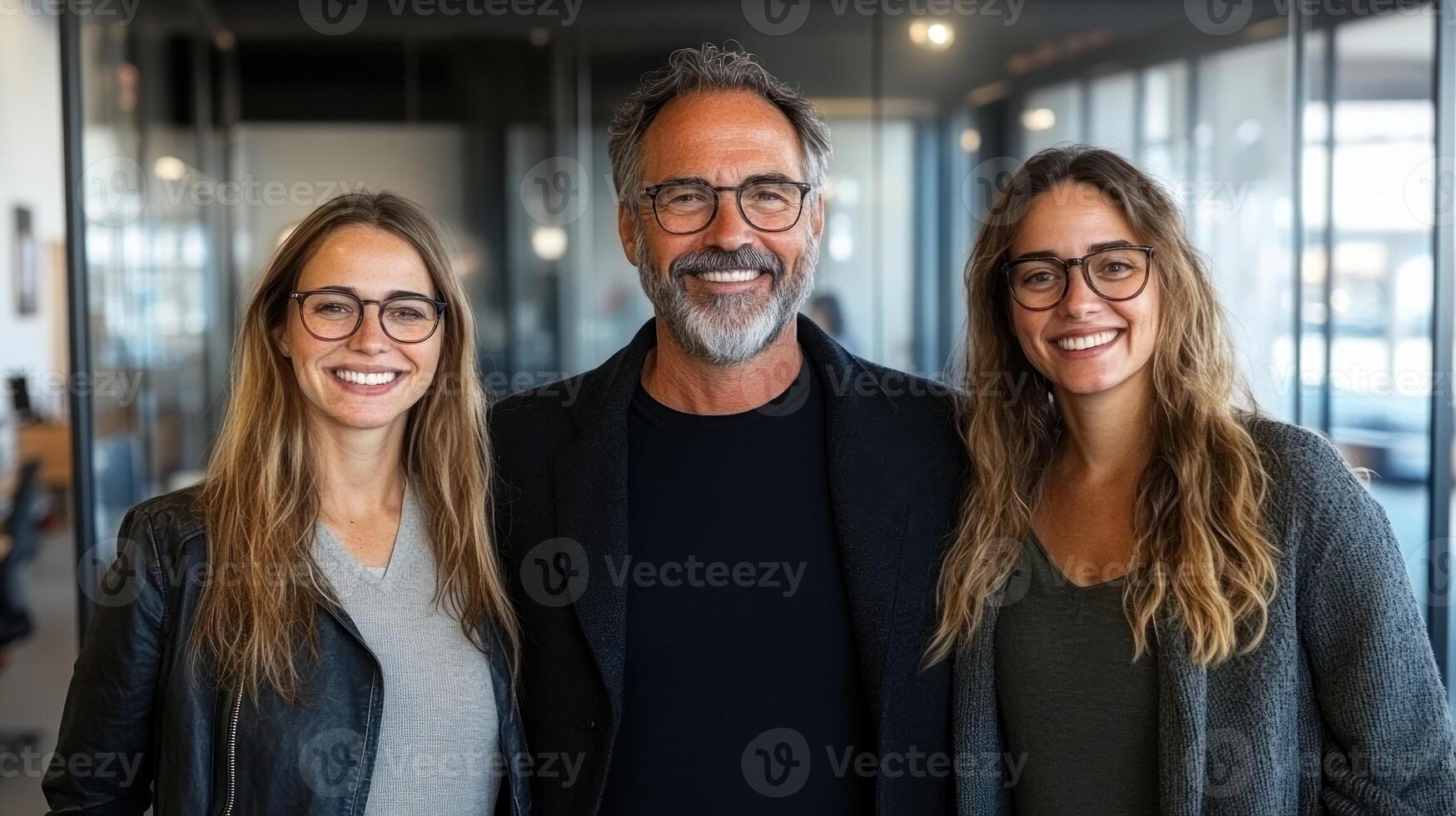 Three smiling individuals with glasses pose together in a well lit office environment photo