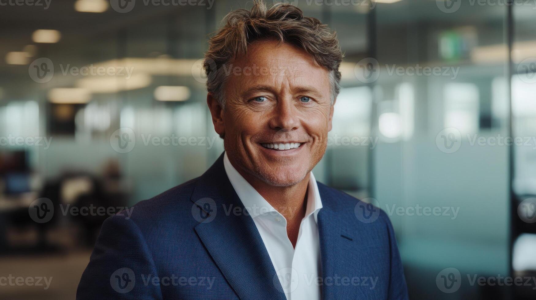 Business executive stands proudly in a contemporary office, showcasing professionalism and approachability photo