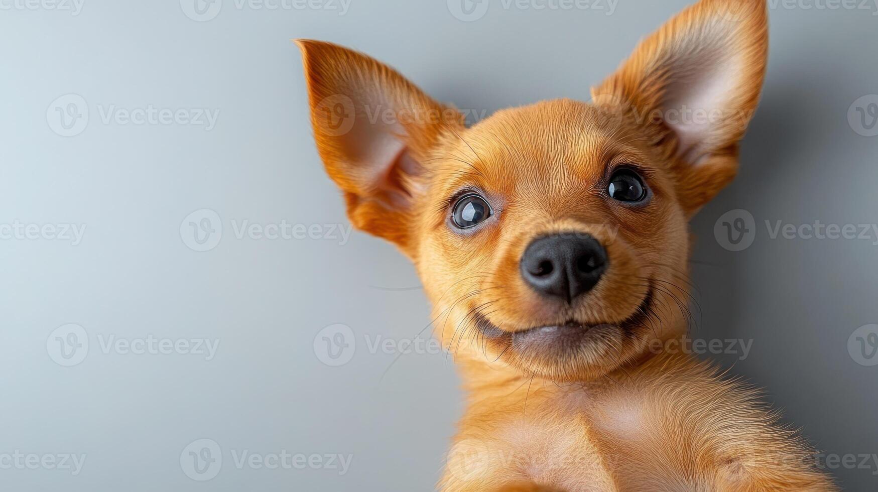 A playful orange puppy with large ears looks curiously at the camera with a joyful expression photo