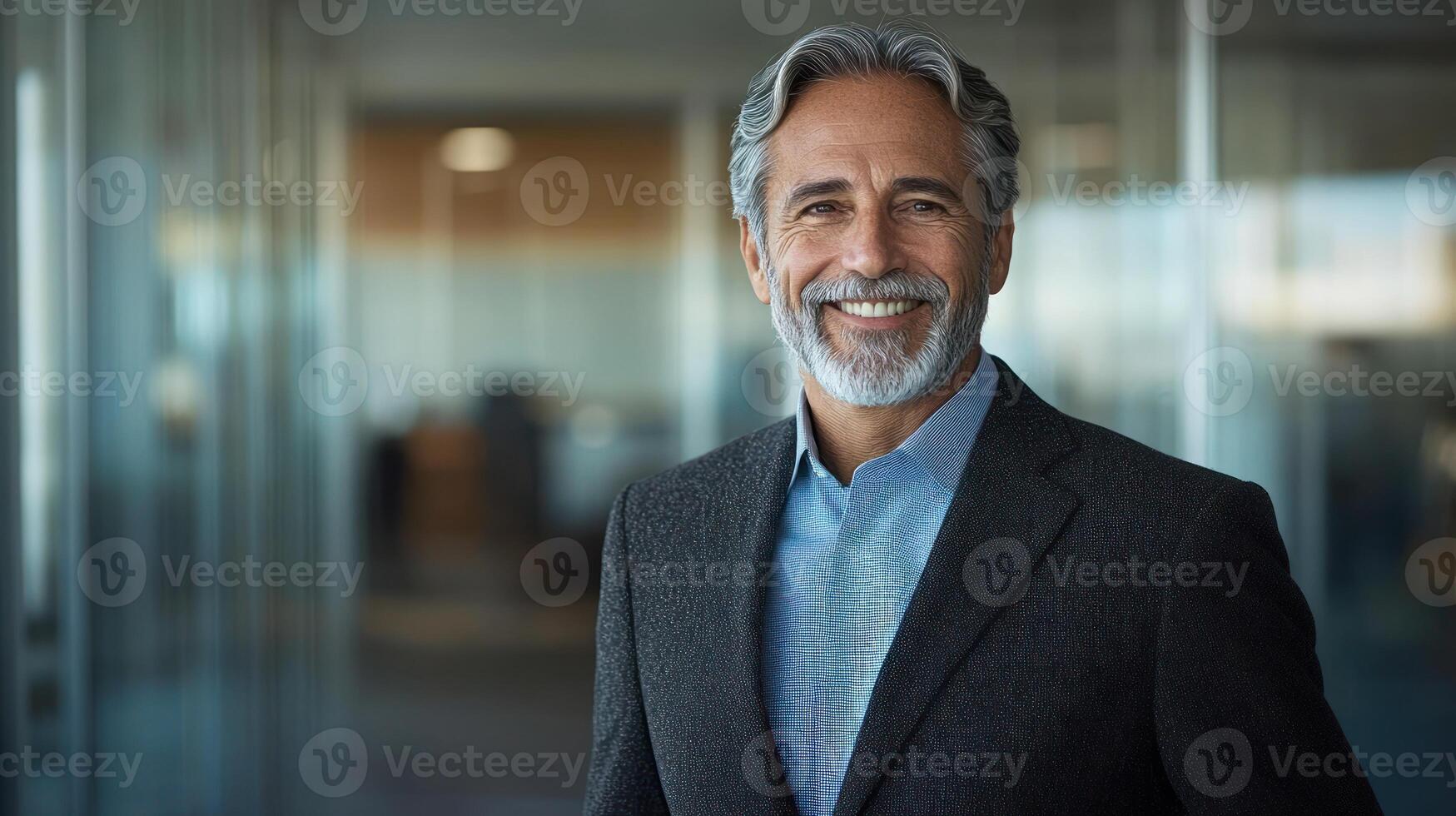 Man with gray hair and beard wearing a suit smiles in a contemporary office space filled with natural light photo