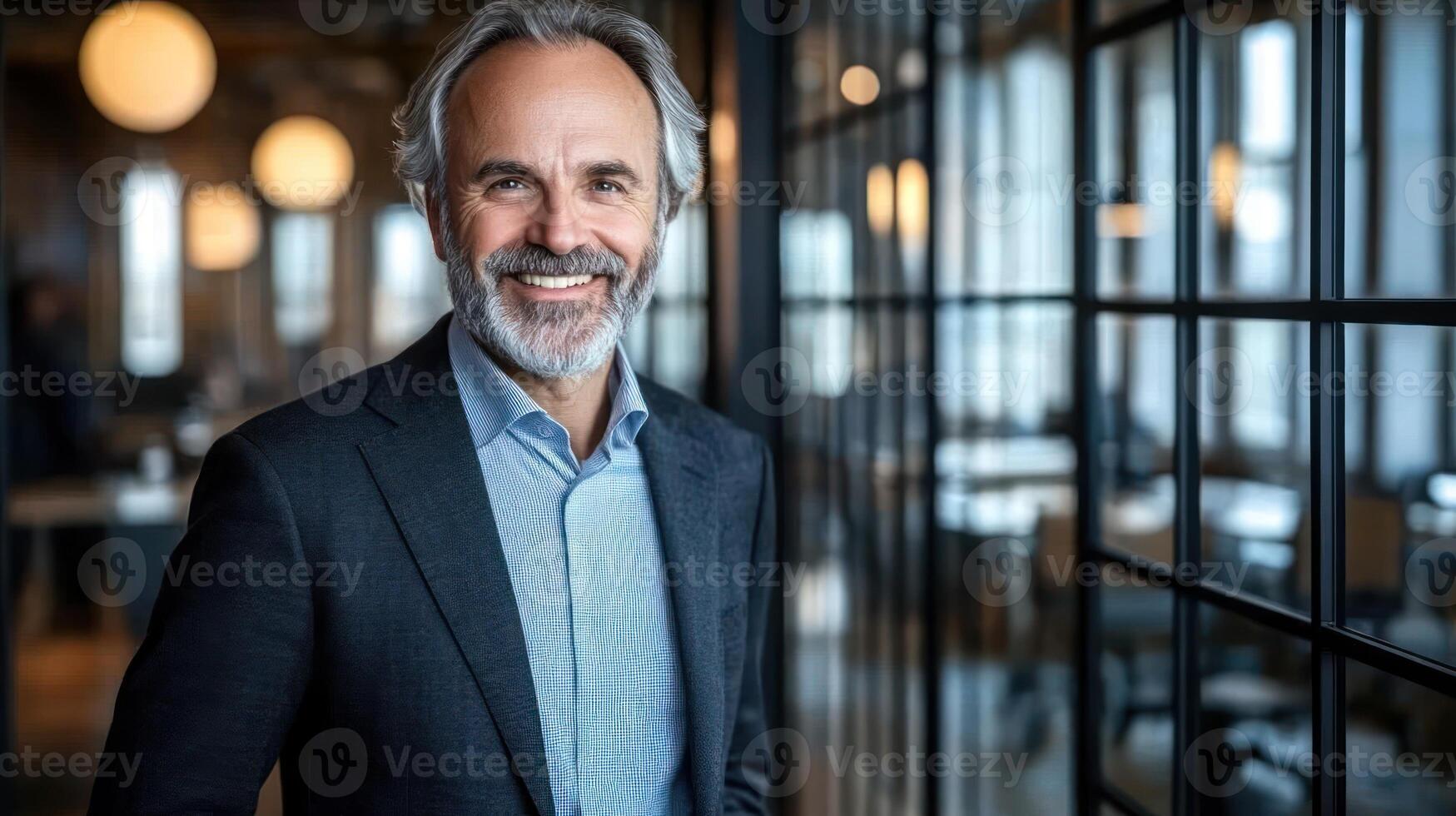 Confident man with beard smiles in bright corporate space featuring open design and large windows photo