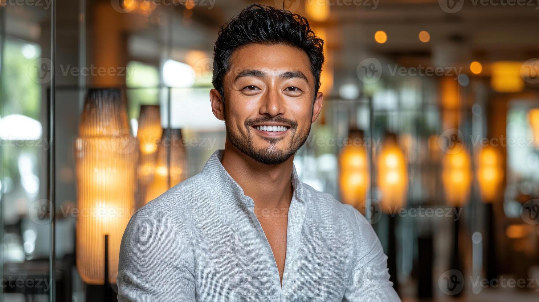 A man stands smiling in a contemporary venue with elegant lighting and decor, radiating confidence photo