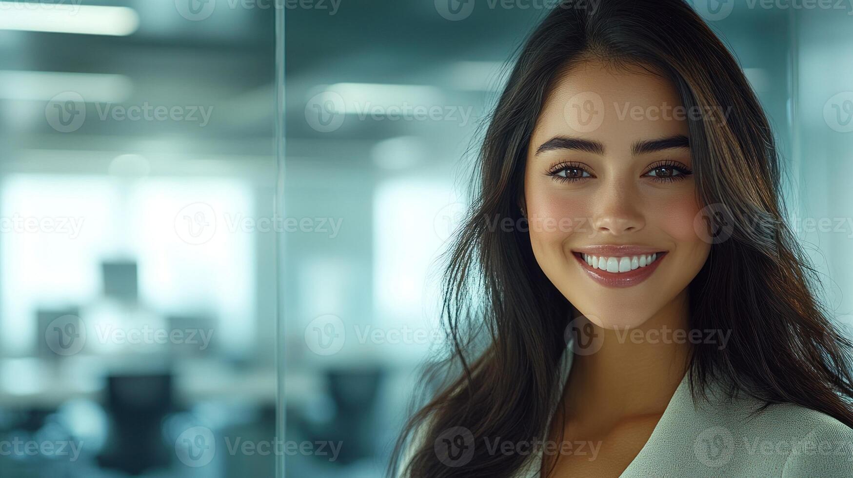 A young woman stands in an office, smiling confidently at the camera with a bright atmosphere photo