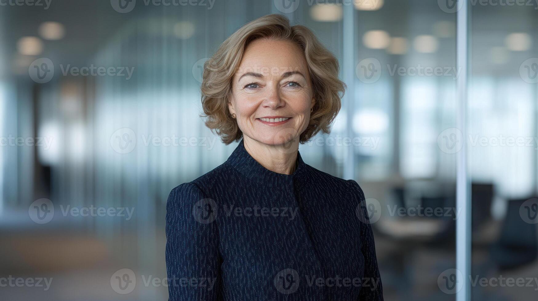 A confident business professional smiles warmly in a contemporary office setting during daylight hours photo