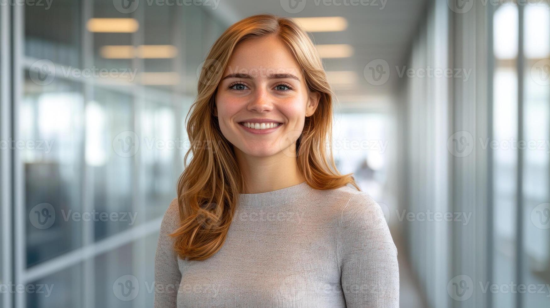 A smiling young woman stands in a professional office setting with large windows and natural light photo