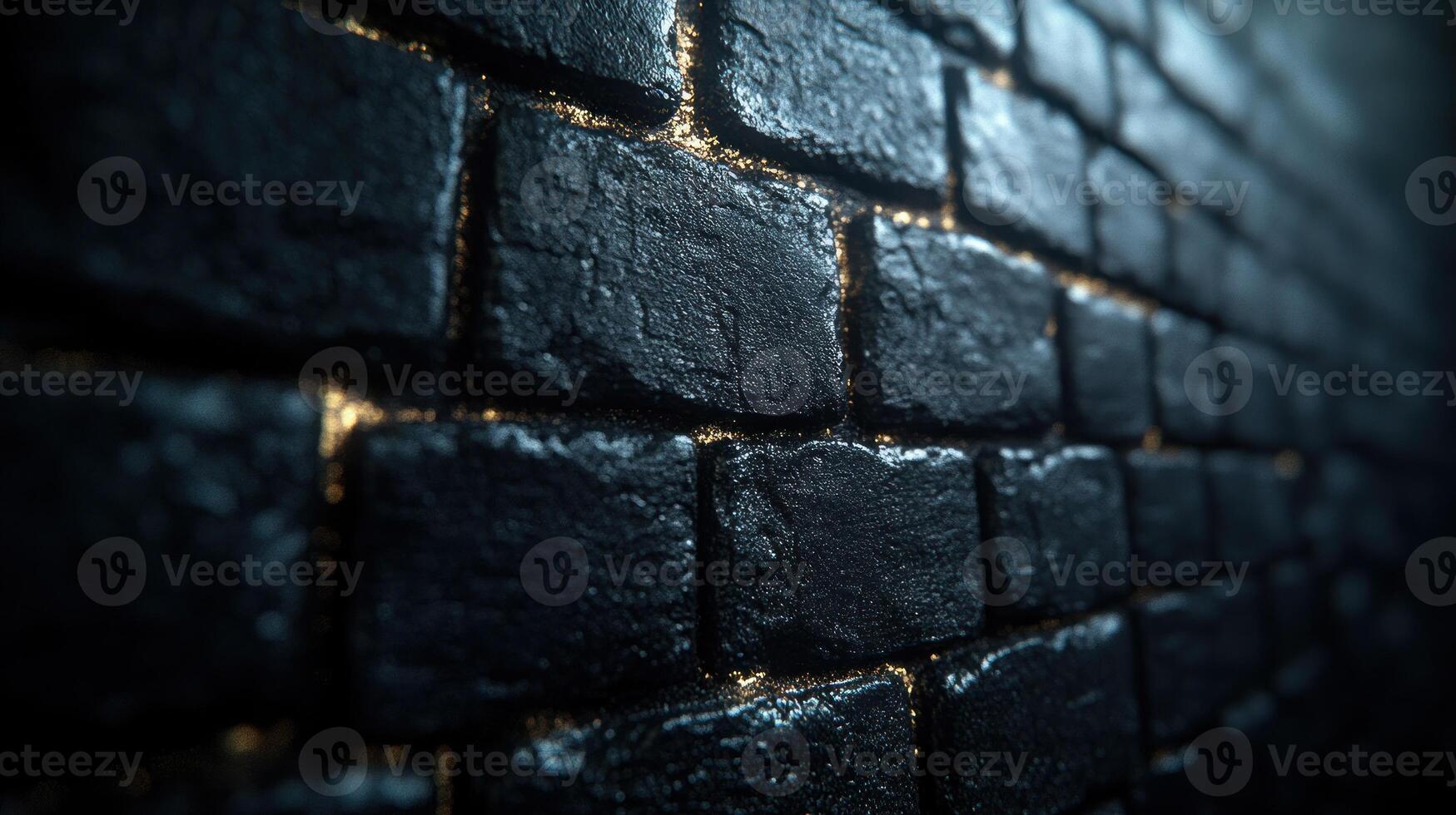 Close up view of a black brick wall showcasing textures and reflections in dim lighting photo