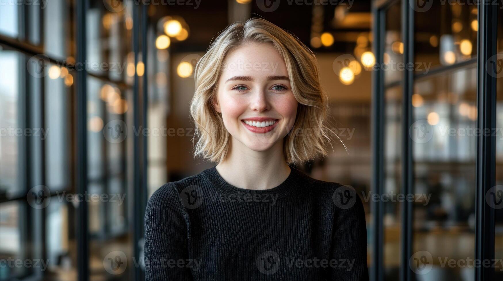Bright smile of a young woman wearing a black sweater in a stylish cafe filled with warm light photo