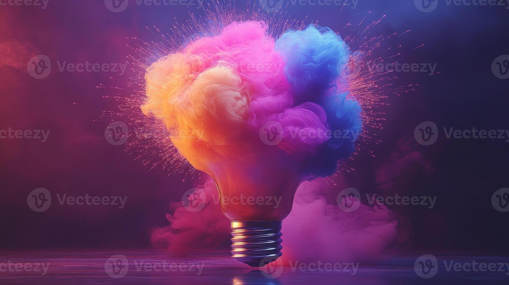 A light bulb bursts with colorful smoke, filling the dark space with energy and artistic expression photo
