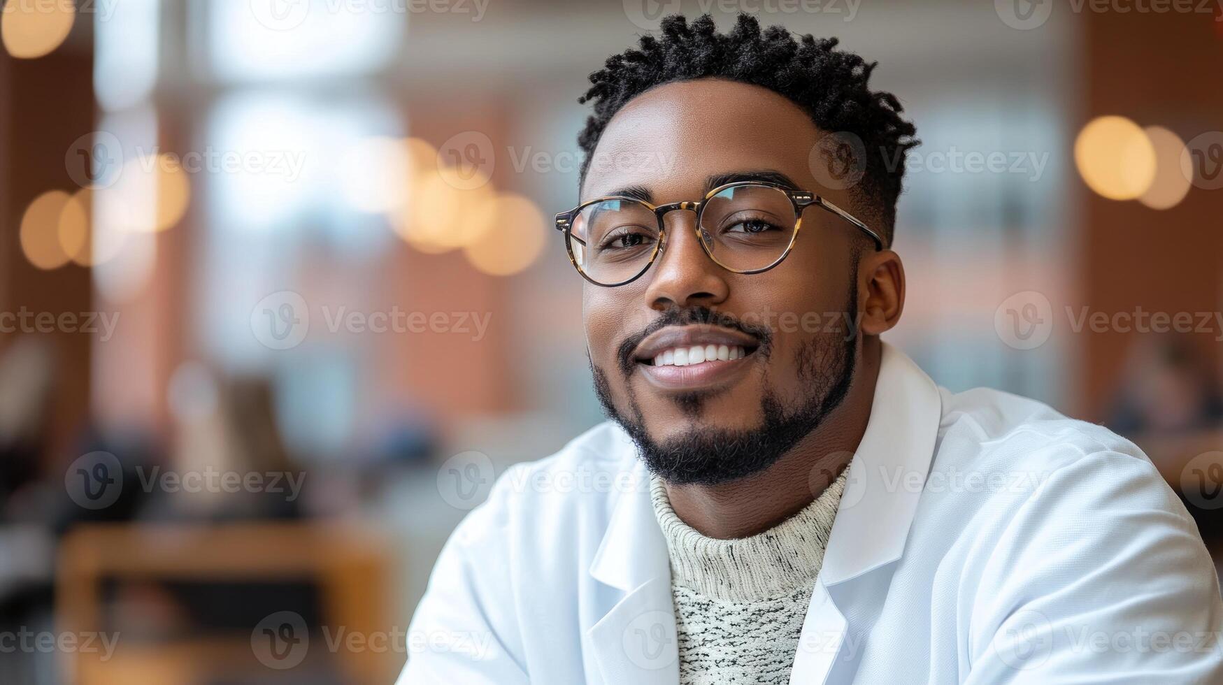 Young man in lab coat smiles warmly at camera in a modern indoor environment with people in background photo