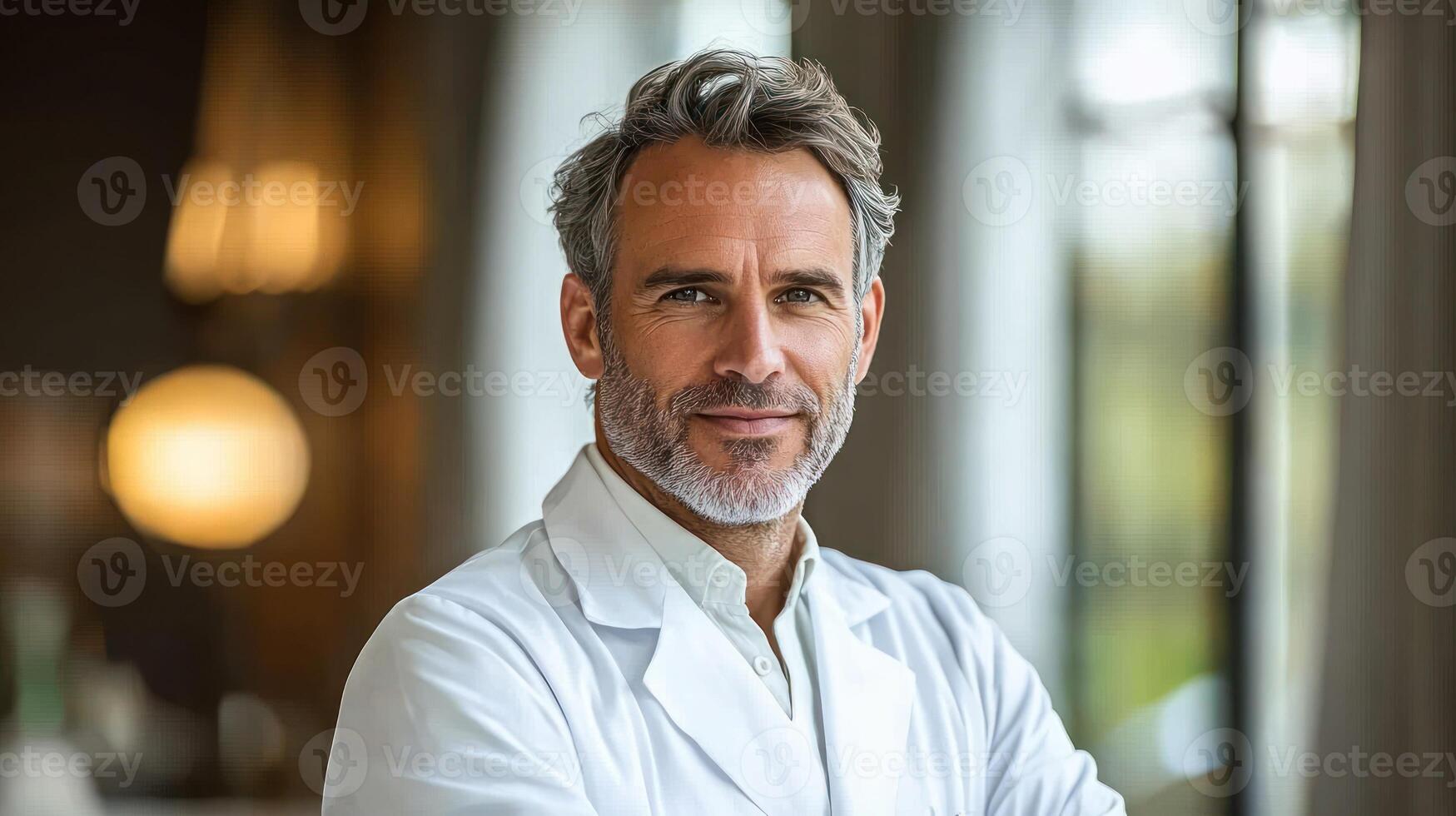 Male expert with gray hair and beard stands proudly in a bright indoor space while smiling photo