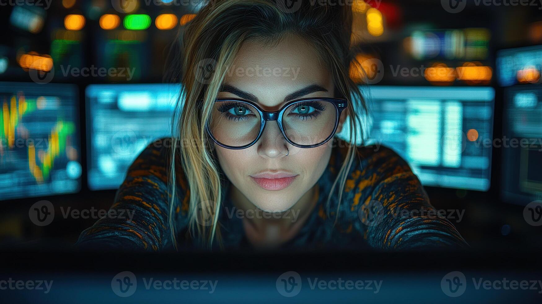 Young woman with glasses intently studying data on multiple screens in a modern tech environment photo