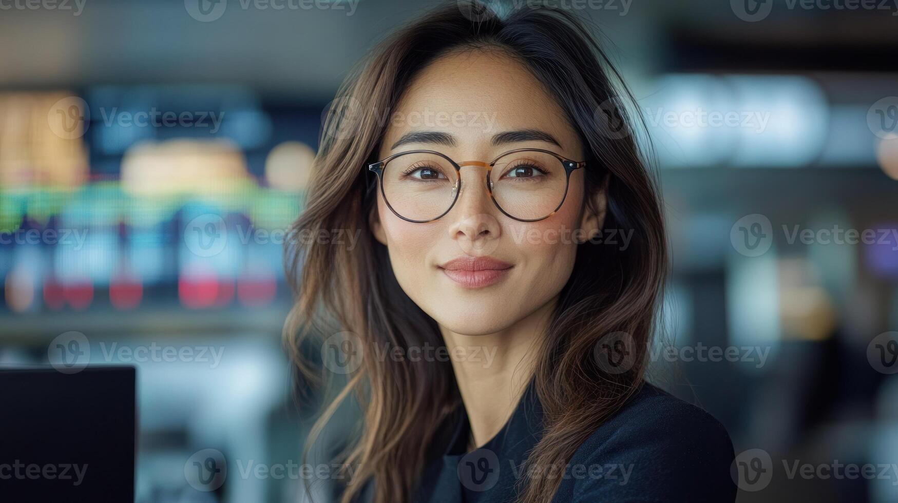 A professional woman smiles at her desk, stylishly dressed in a modern office setting photo