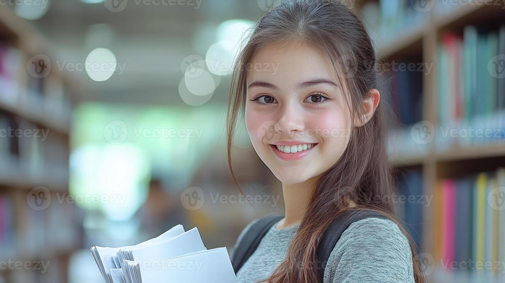 Young student smiles brightly while holding study materials in a library setting photo