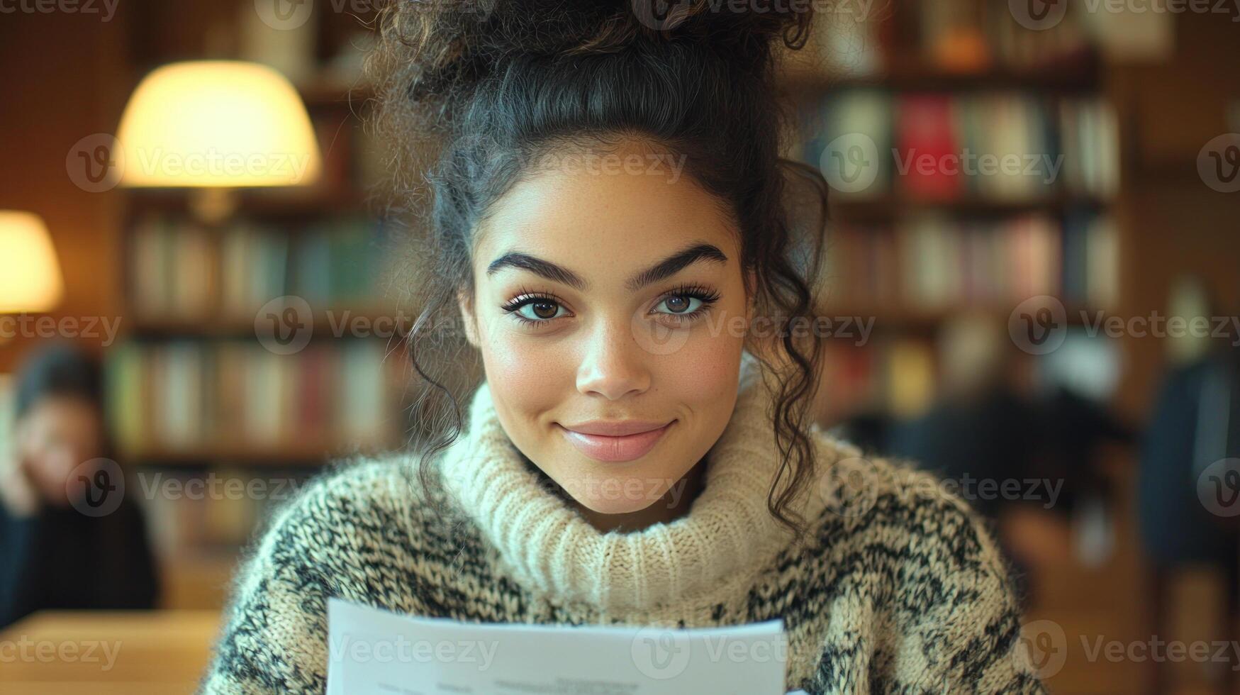 A young woman sits at a wooden table in a library, smiling while reviewing papers photo
