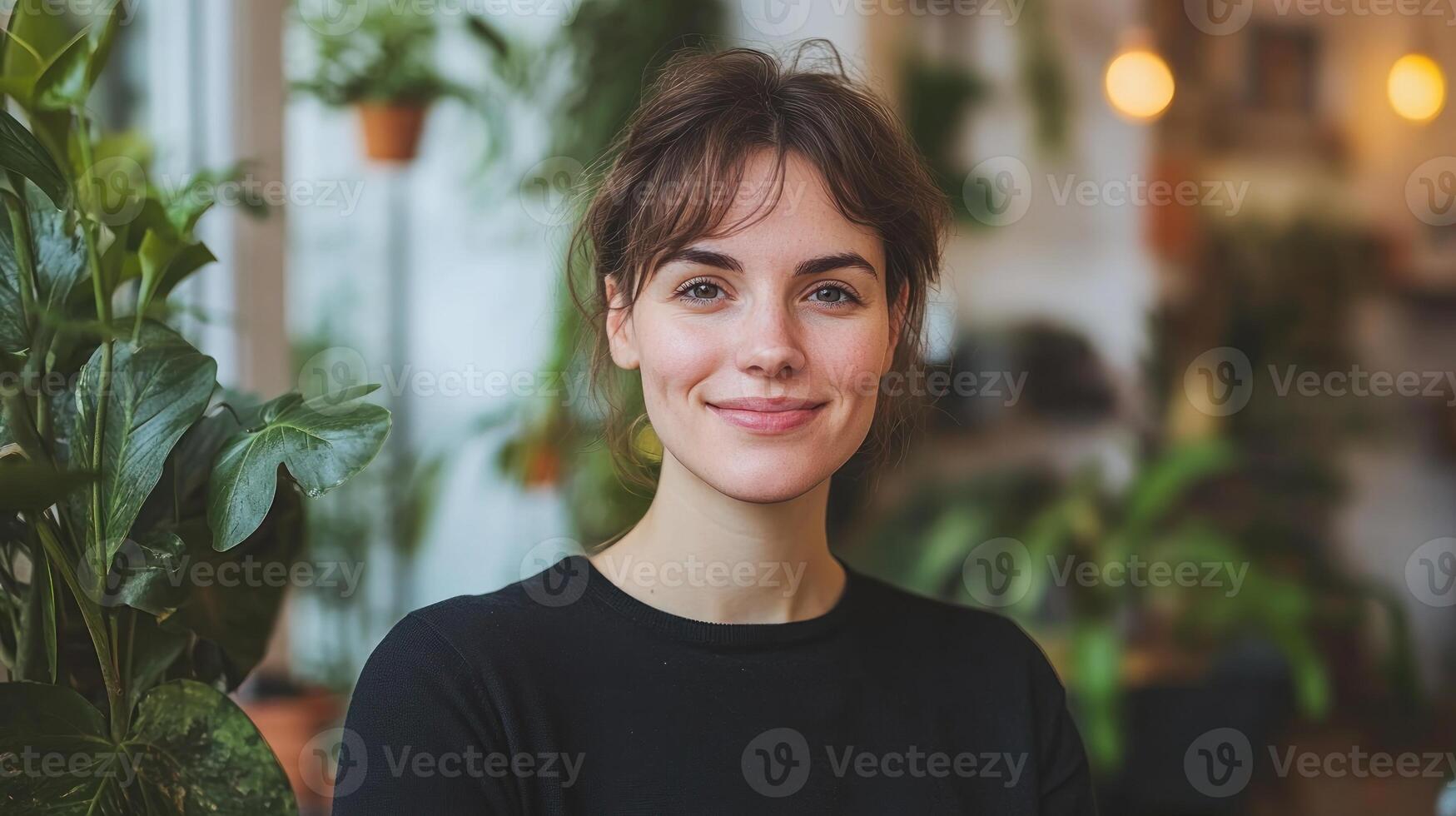 Woman with brown hair smiles warmly while surrounded by lush plants in a bright, inviting space photo