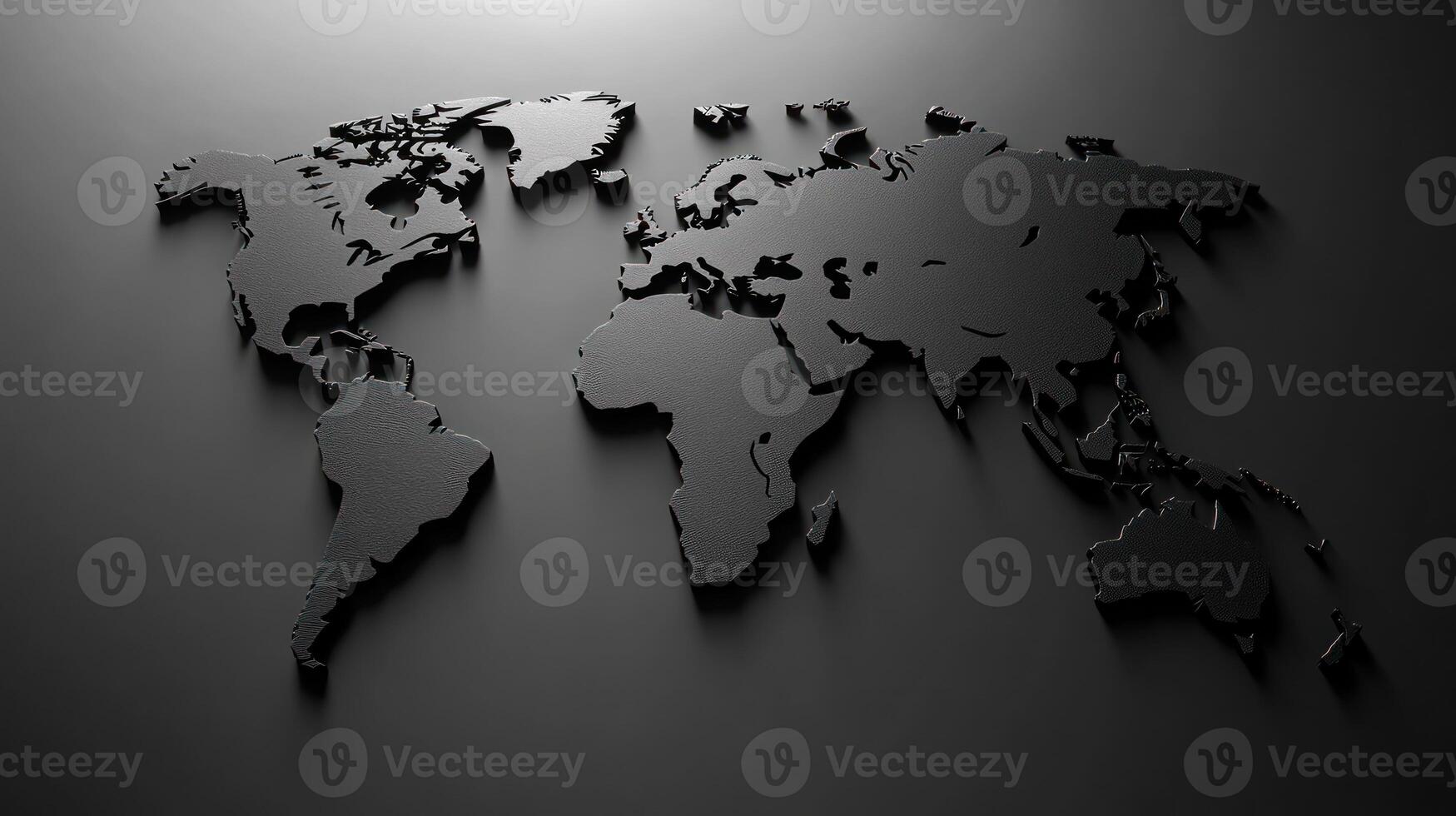 Black world map displaying geographic outlines with shadows against a dark background photo