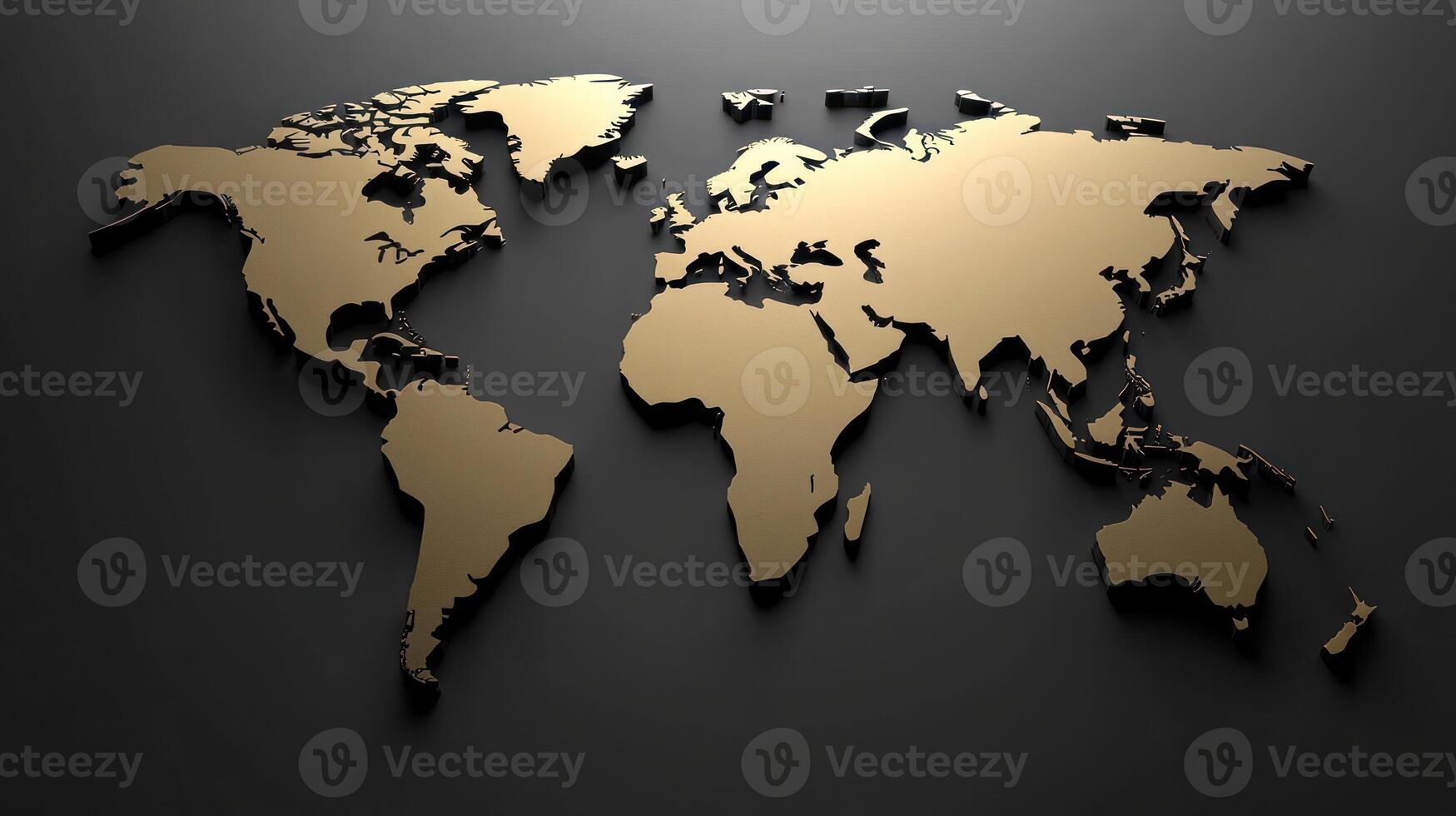 Detailed portrayal of a gold toned world map against a dark backdrop highlighting geography photo