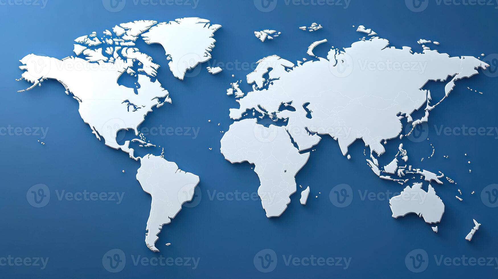 World map features white outlines of continents and oceans on a blue background for geographic study photo